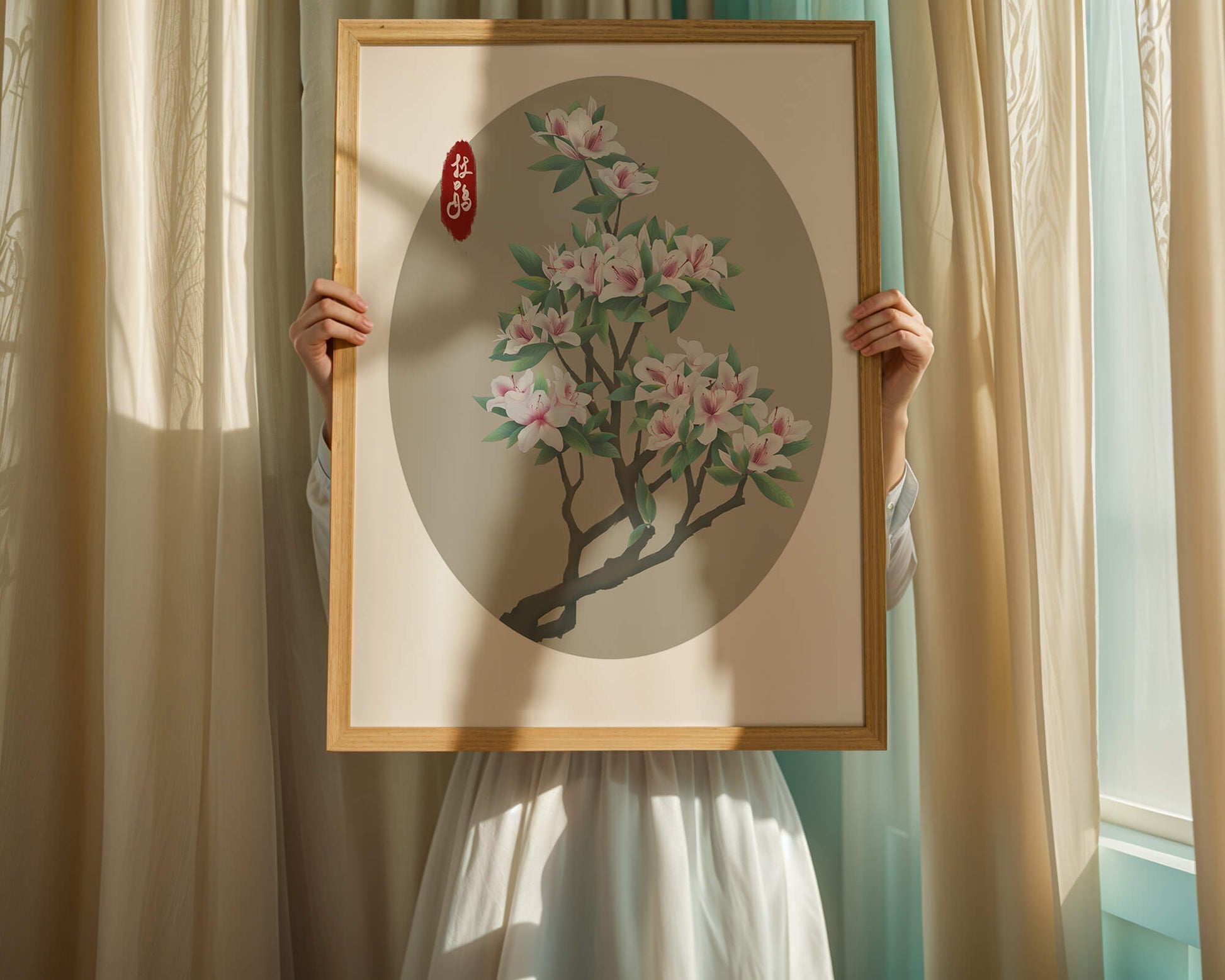 Obra floral delicada con magnolias en flor en estilo oriental