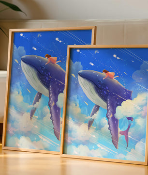 Illustration onirique d'une fille chevauchant une baleine à travers le ciel