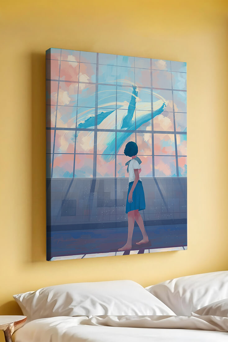 Young girl looking at a giant whale through a large window