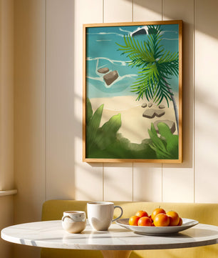 Serene tropical beach scene with lush greenery and calm waves