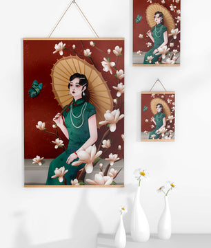 Mujer elegante con parasol y flores de magnolia sobre fondo rojo