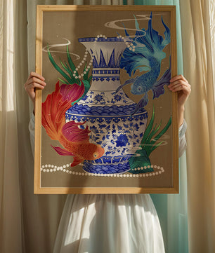 Jarrón de cerámica elegante con diseño de peces vibrantes y flores