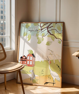 Tranquil rural landscape illustration with house, dog, and crane