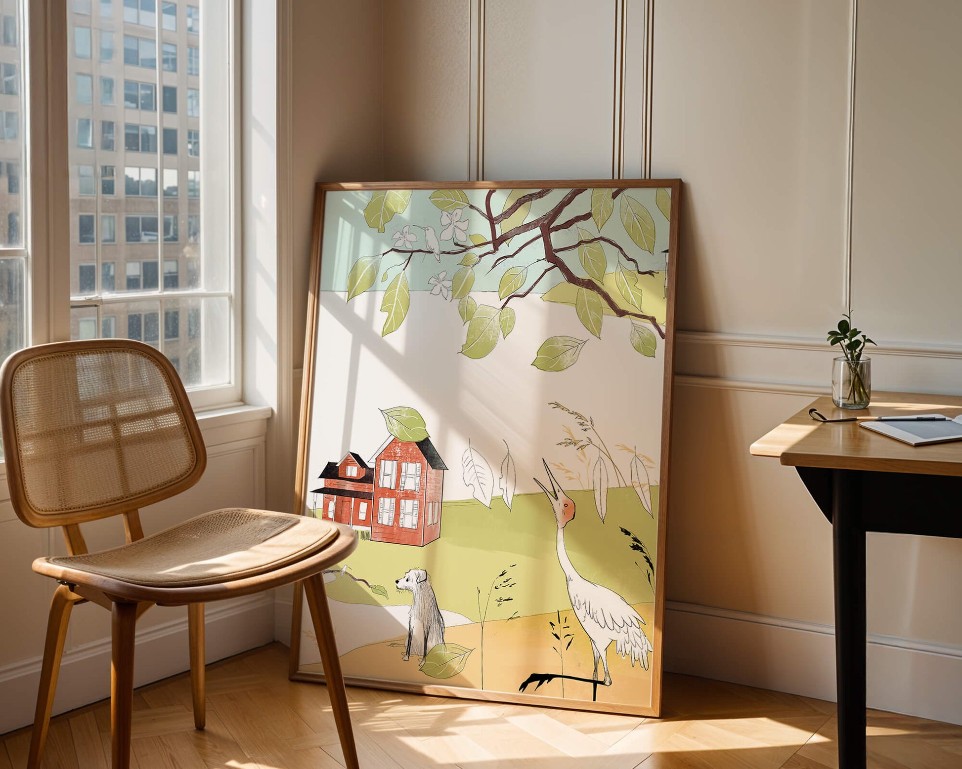Tranquil rural landscape illustration with house, dog, and crane