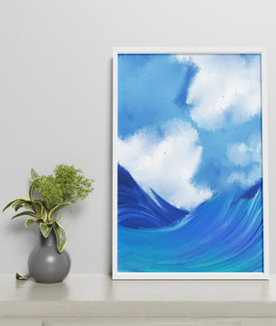 Olas oceánicas hermosas bajo un cielo nublado en una obra de arte