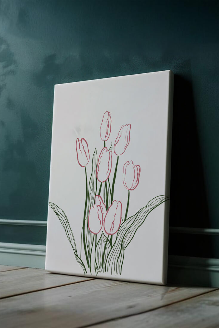 Wunderschöne rosa Tulpen mit grünen Blättern auf einer minimalistischen Leinwand