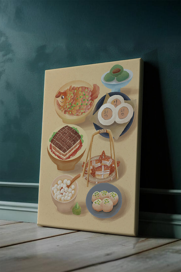 Colorful Chinese Cuisine Illustration with Various Dishes