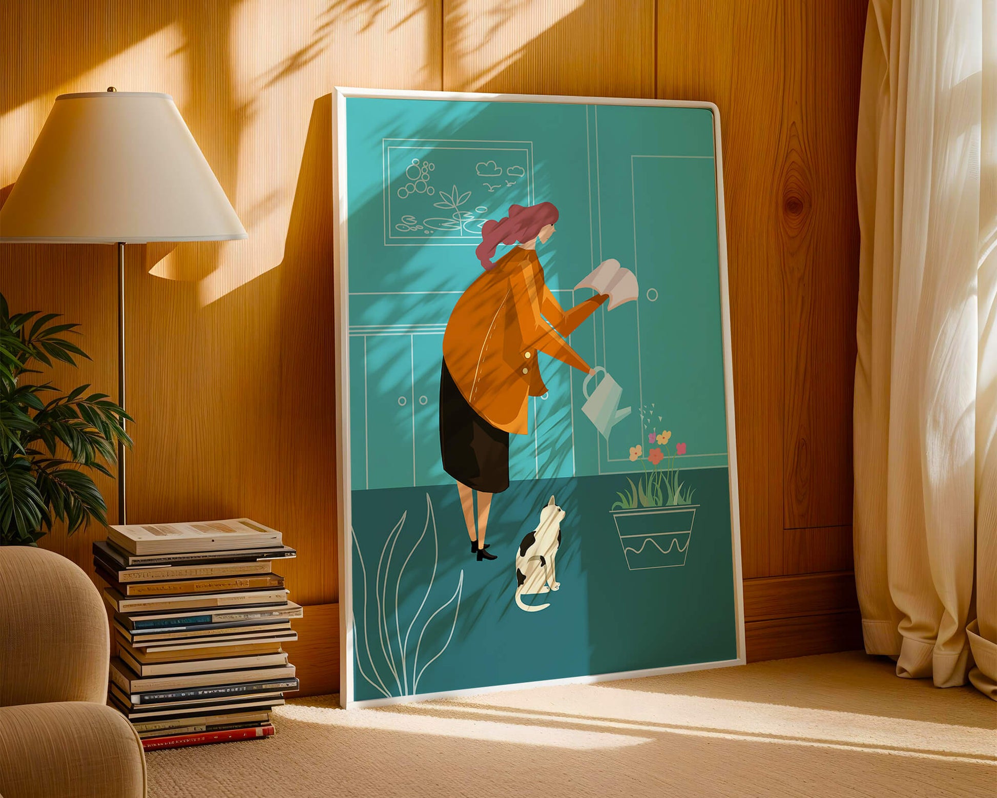 Mujer regando flores con un gato en un interior moderno