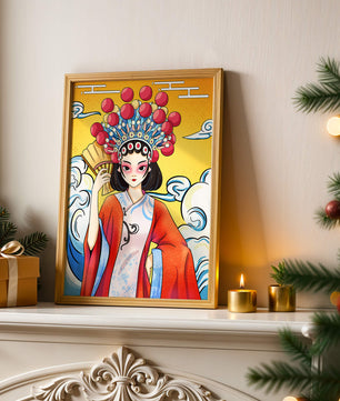 Eine elegante Darstellung asiatischer Kunst mit traditioneller Kleidung und kunstvollem Kopfschmuck