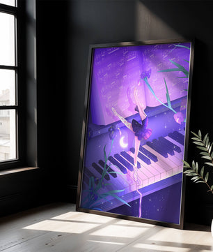 Graceful Ballerina Dancing on Piano Amidst Flowers and Musical Notes