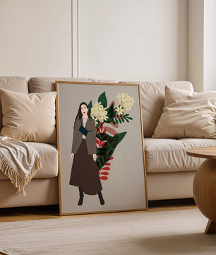 Elegant woman illustration with floral background in earthy tones