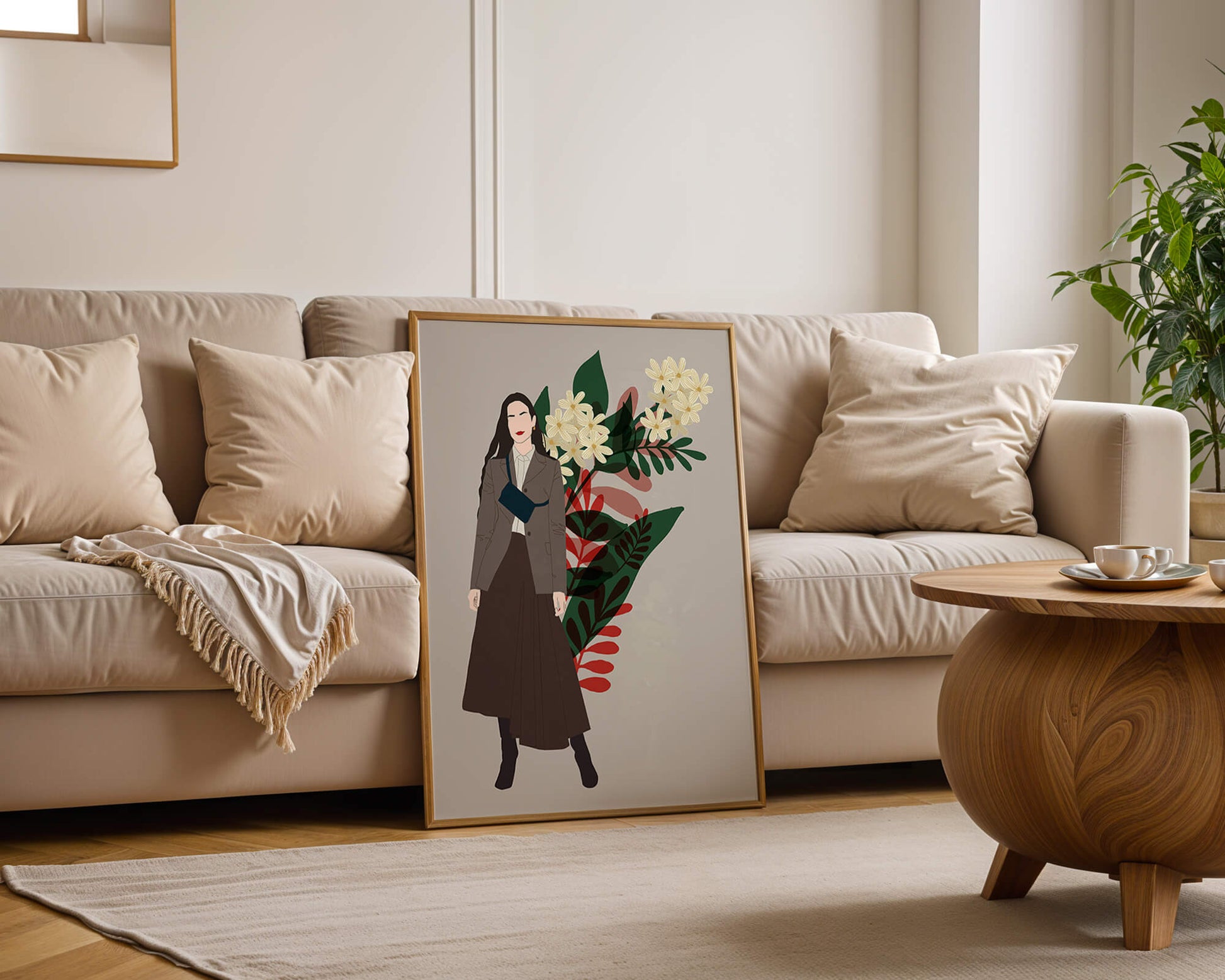 Elegant woman illustration with floral background in earthy tones