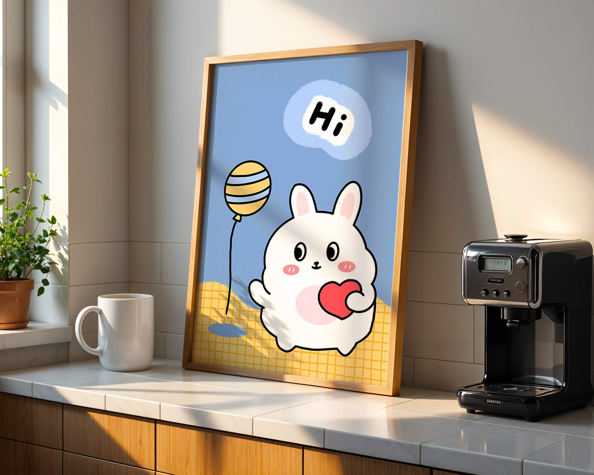 Adorable cartoon bunny with balloon and heart illustration