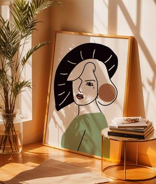 Minimalist Abstract Portrait Featuring Woman with Black Hat and Green Outfit - Mi tienda