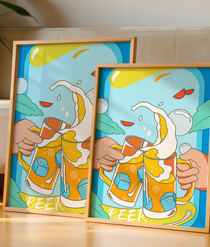 Colorful Illustration of Two Clinking Beer Mugs with Ice Cubes and Citrus Slices
