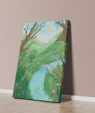 Serene Landscape with Birds and River under Sunny Sky
