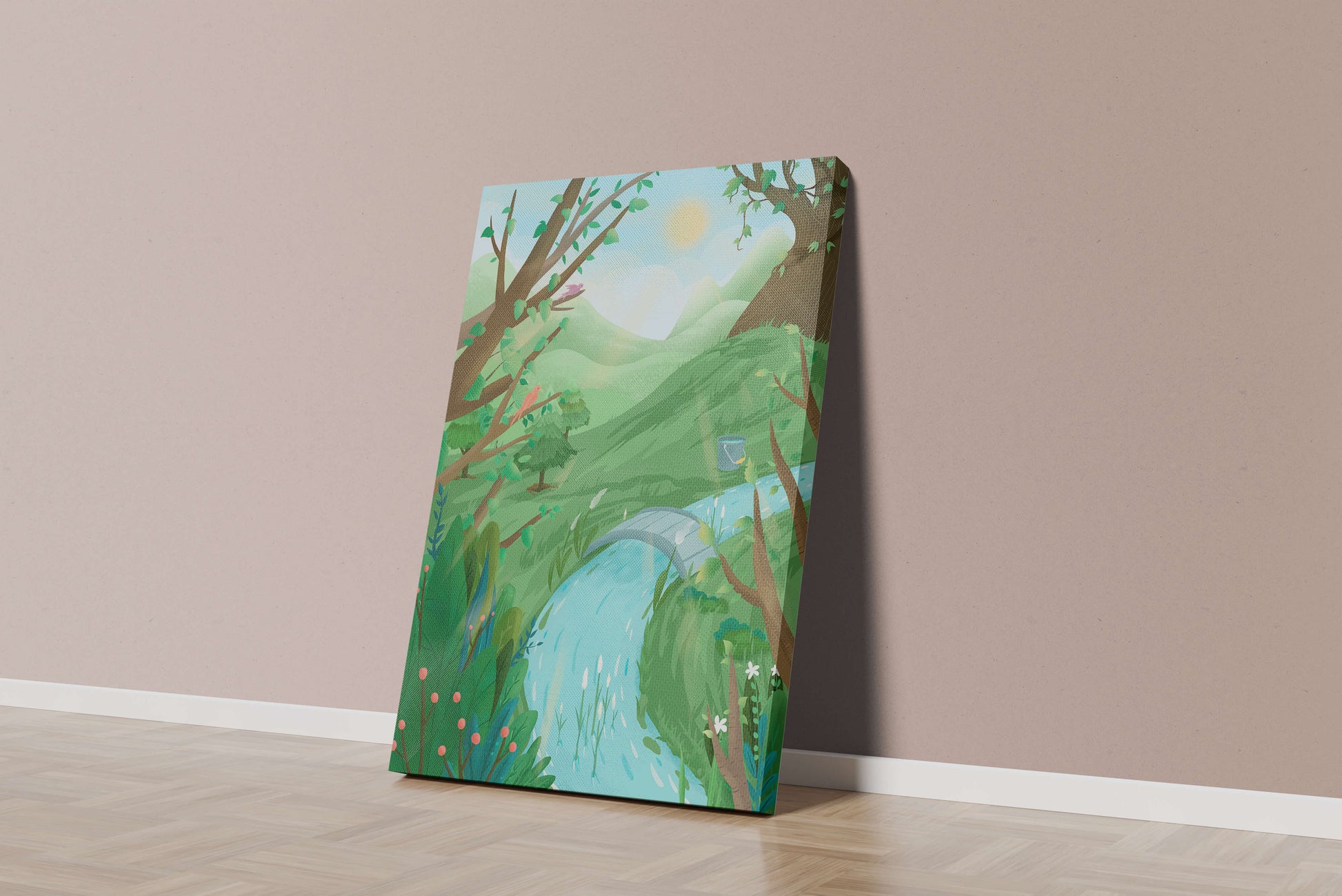 Paisaje sereno con aves y río bajo un cielo soleado