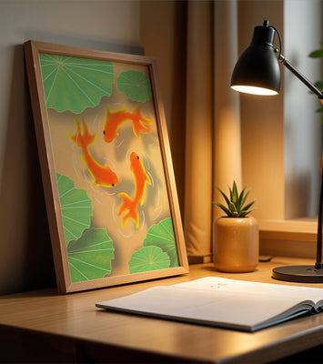 Tranquil pond scene with koi fish and lily pads