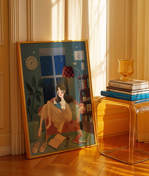 Cozy Nighttime Reading in a Living Room with Moonlit Window