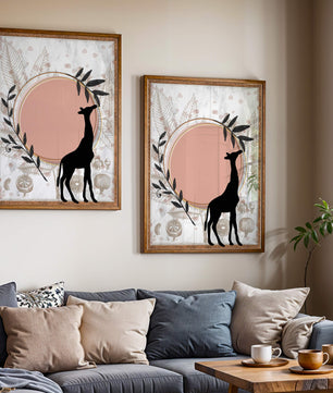 Von der Natur inspiriertes Kunstwerk mit Giraffensilhouette und botanischen Elementen