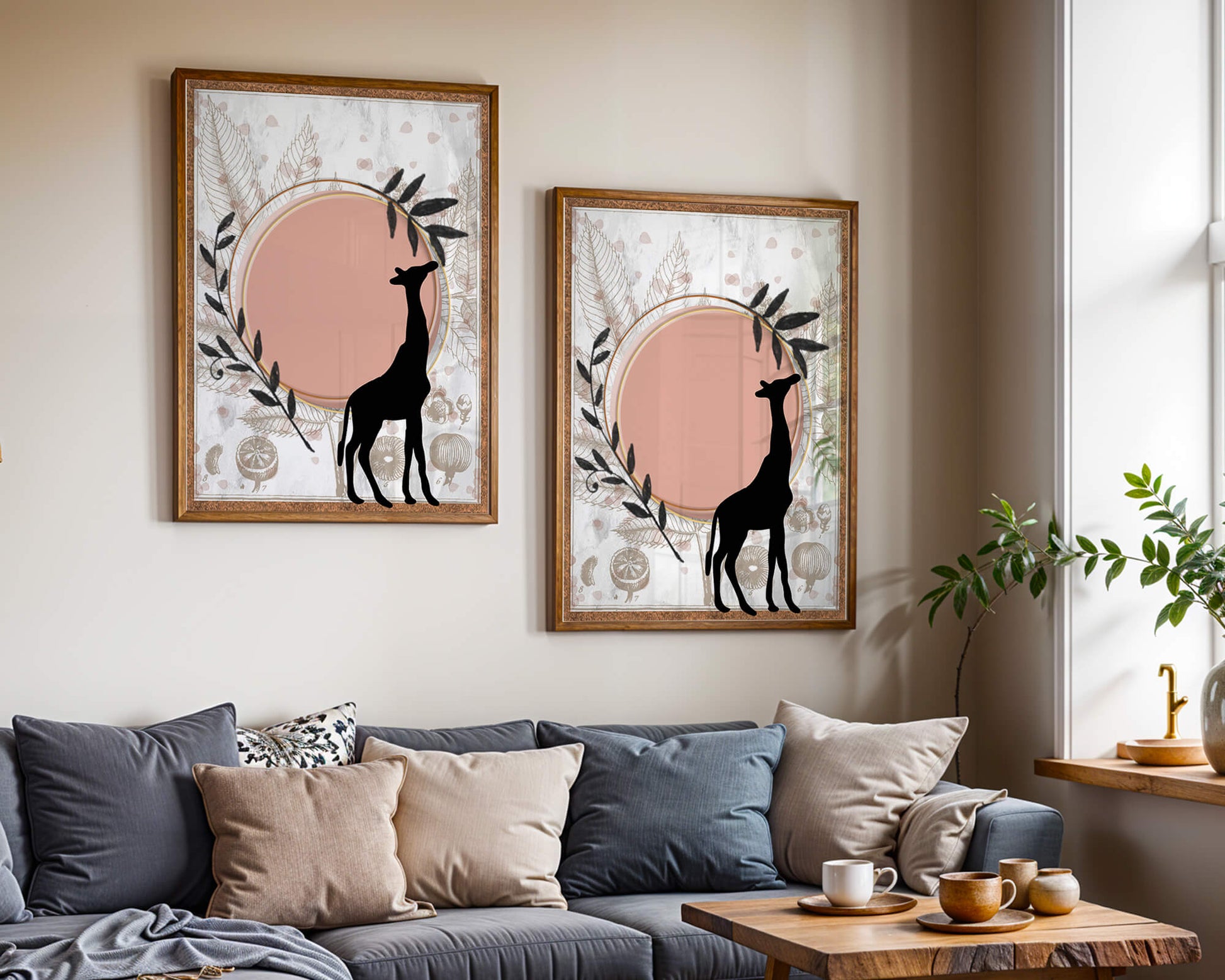 Nature-inspired artwork with giraffe silhouette and botanical elements