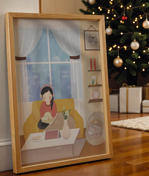 Cozy living room with a girl and a dog on a yellow sofa