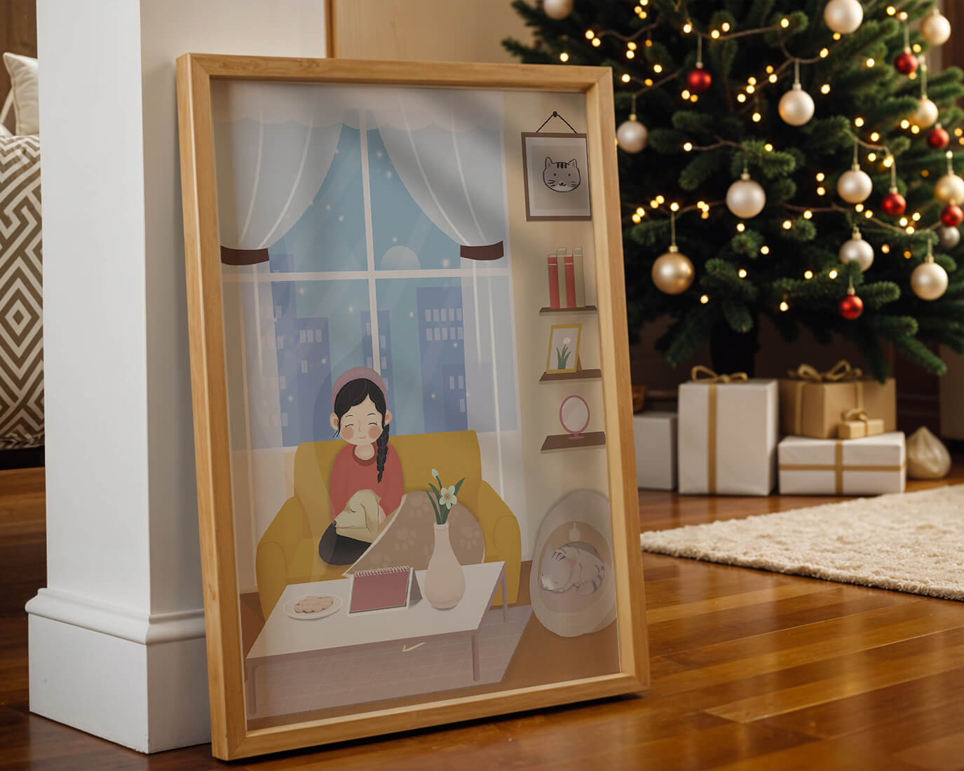 Cozy living room with a girl and a dog on a yellow sofa