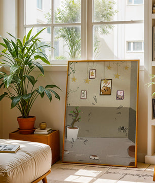 Habitación acogedora con decoraciones de estrellas y obra de arte de gatos