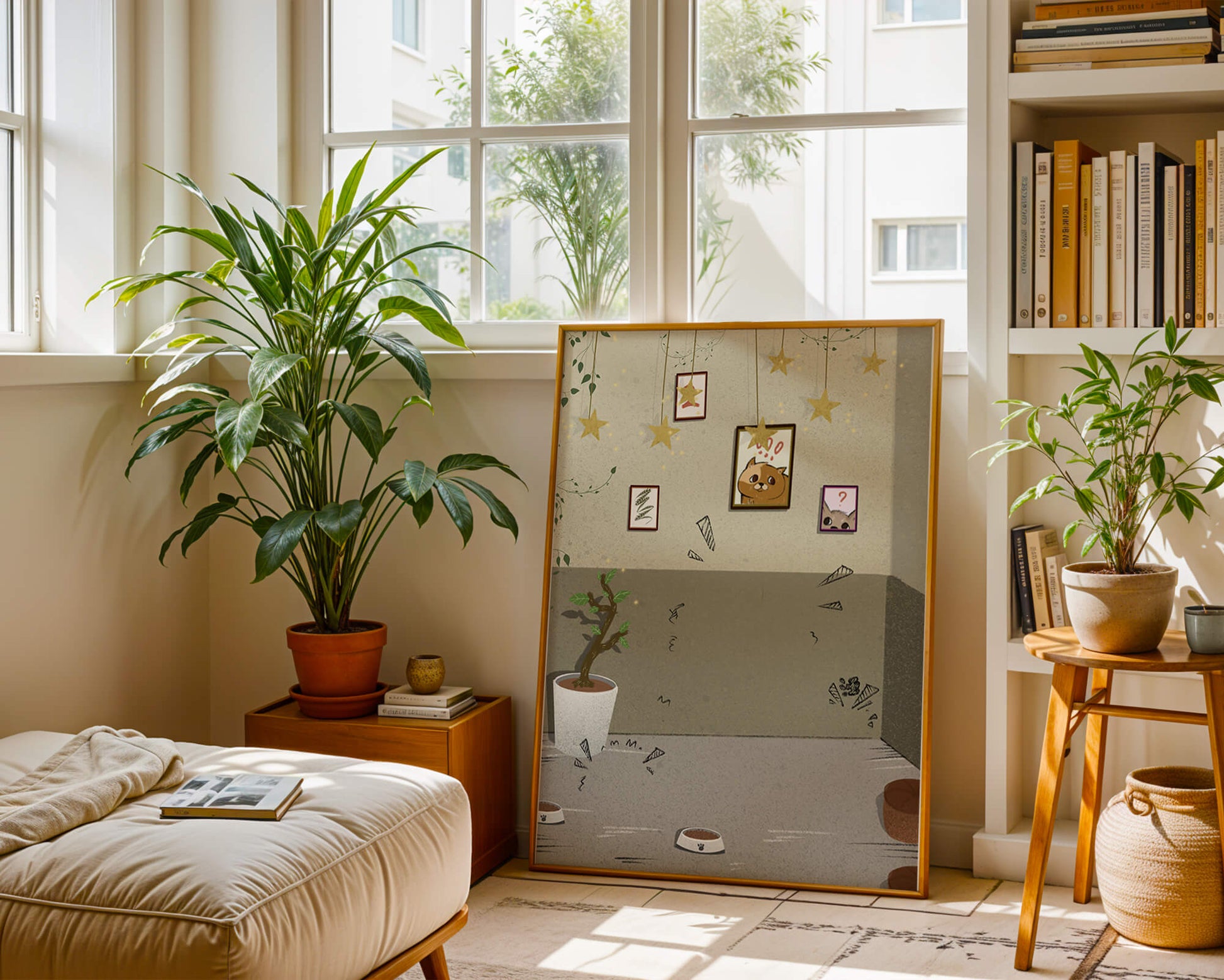 Cozy Room with Star Decorations and Cat Artwork