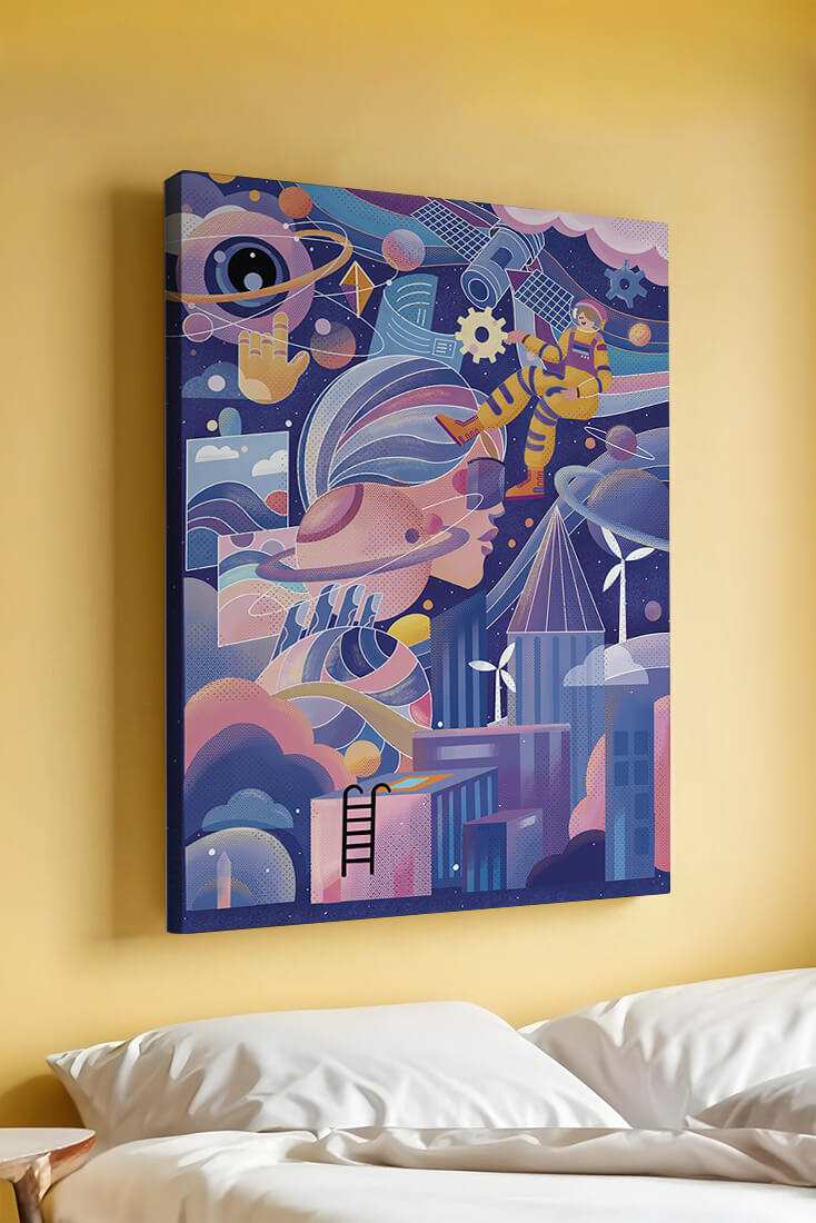Farbenfrohe futuristische Weltraumillustration mit Astronauten und abstrakten Elementen