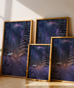 Winternachtlandschaft mit verschneiter Hütte und Kiefernwald