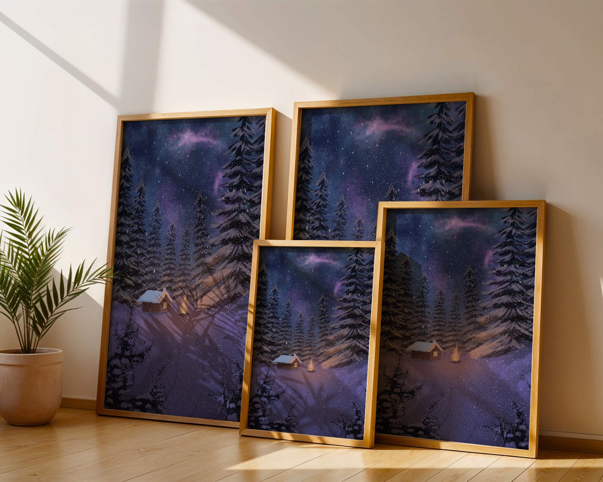 Winter night landscape with snowy cabin and pine forest
