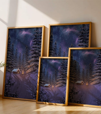 Winter night landscape with snowy cabin and pine forest