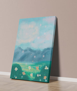 Serene Landscape with Blooming Flowers and Majestic Mountains