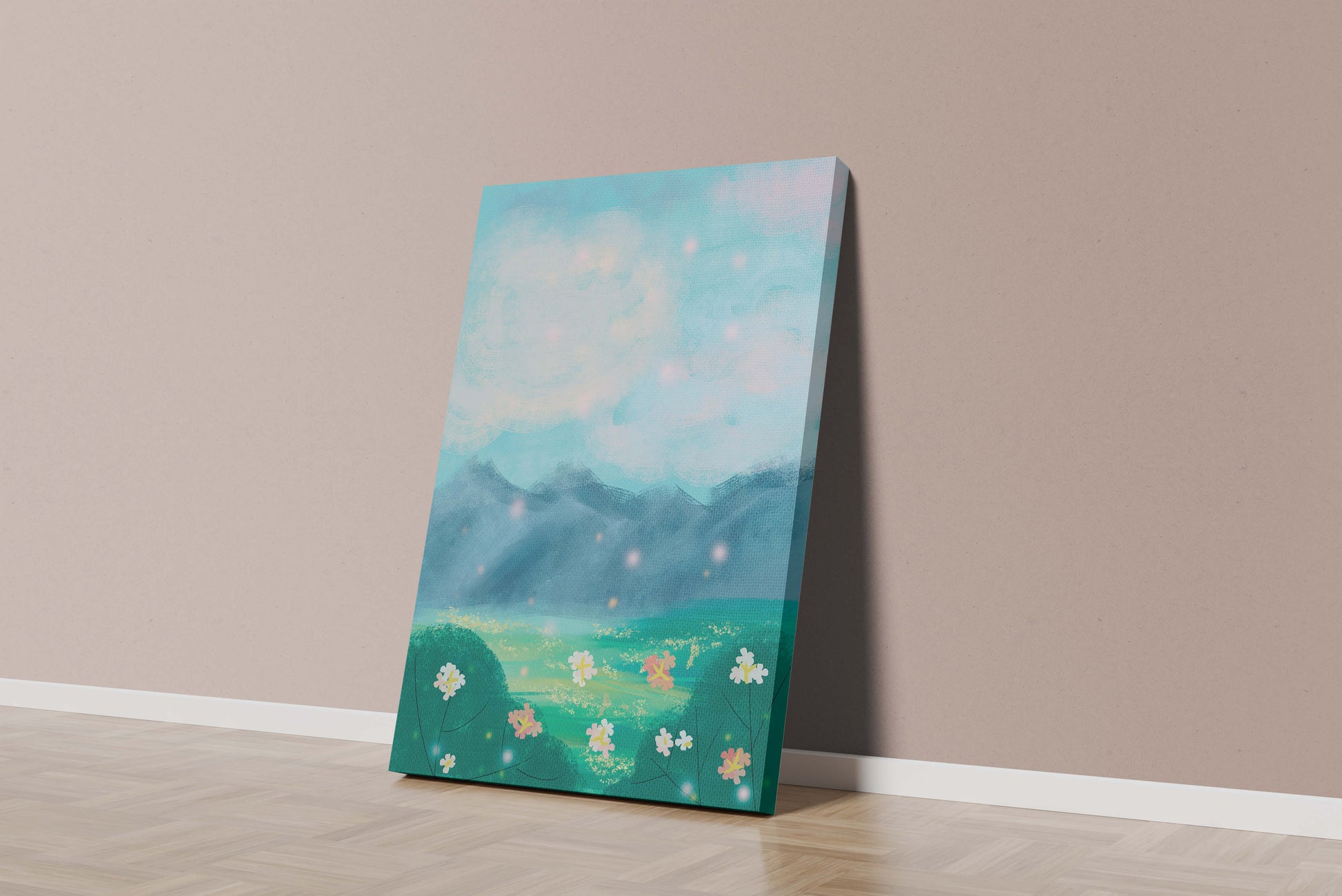 Serene Landscape with Blooming Flowers and Majestic Mountains