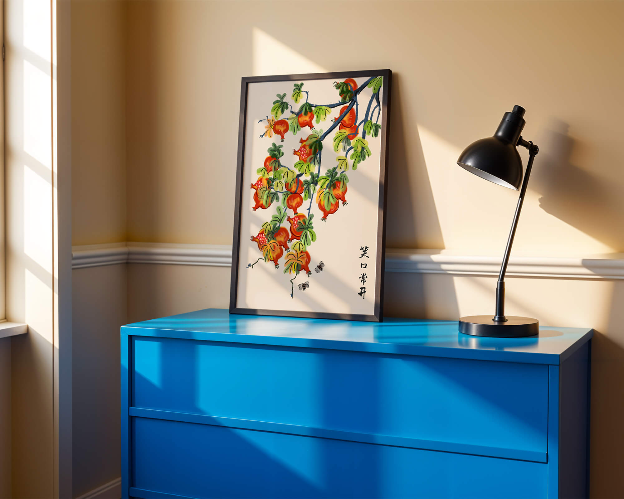 Artistic illustration of vibrant pomegranates on a branch with Asian aesthetic