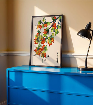 Artistic illustration of vibrant pomegranates on a branch with Asian aesthetic