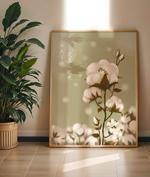 Plante de coton illustrée avec un personnage caché sur un fond vert doux