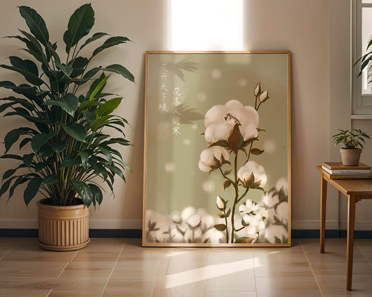 Illustrated cotton plant with hidden character on a soft green background
