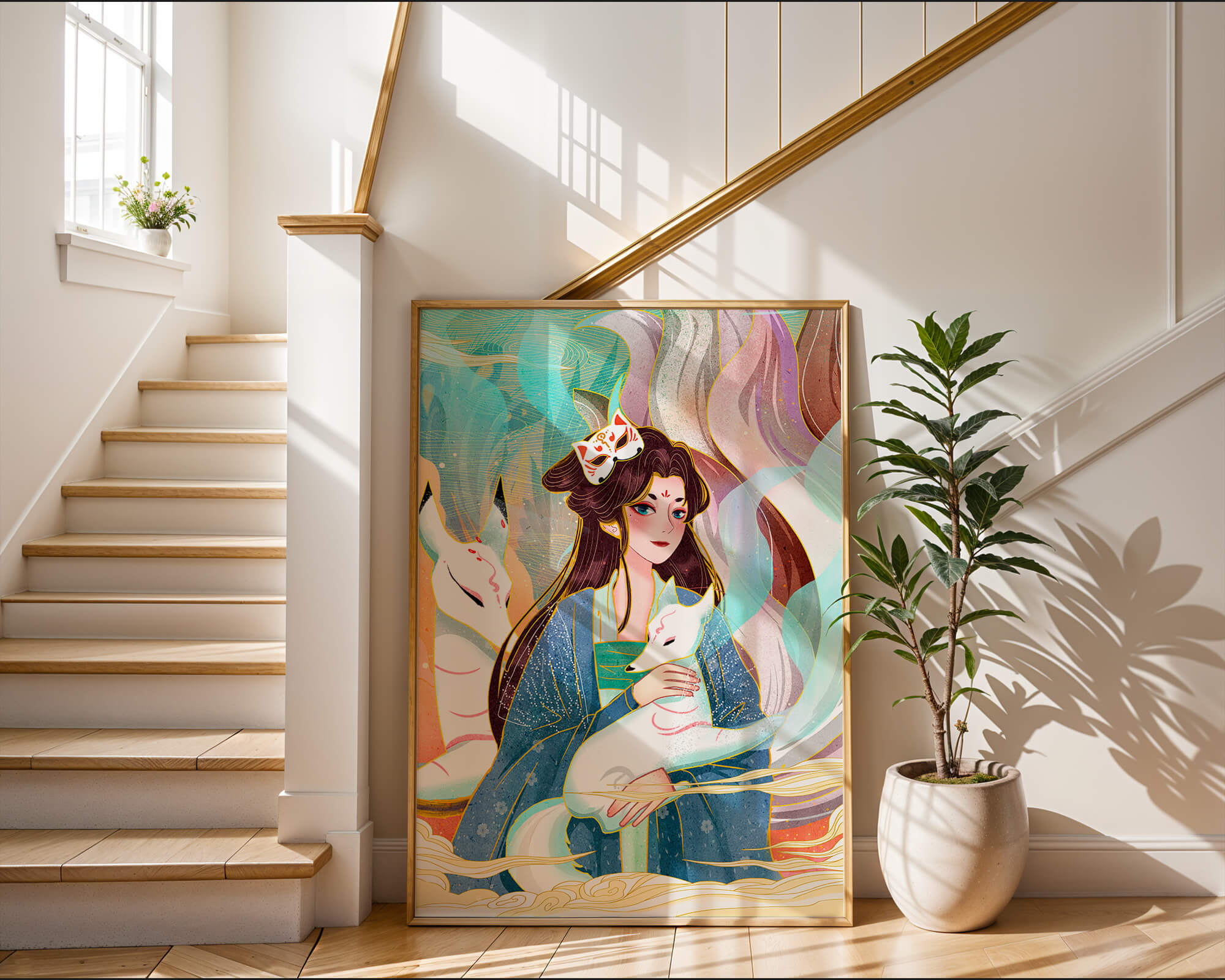 Elegant fantasy artwork featuring a mystical figure with foxes and vibrant colors