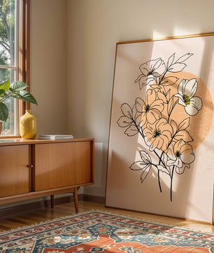 Ilustración floral minimalista con tonos pastel y fondos abstractos