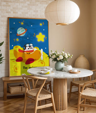 Colorful cartoon airplane with stars and planets in space