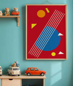 Formas geométricas abstractas con colores y líneas audaces