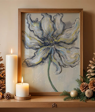 Elegant blue and green abstract floral artwork with flowing lines