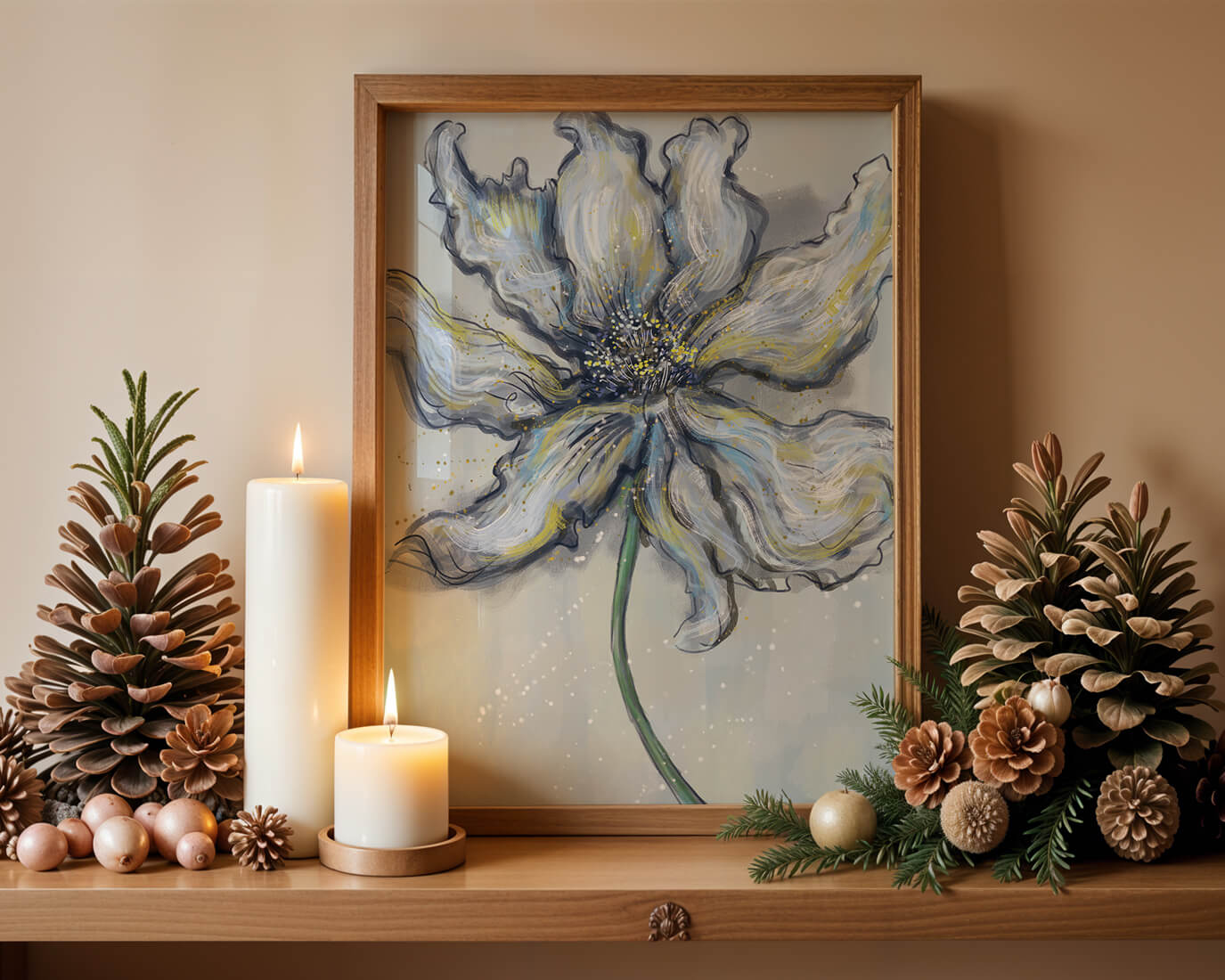 Elegant blue and green abstract floral artwork with flowing lines