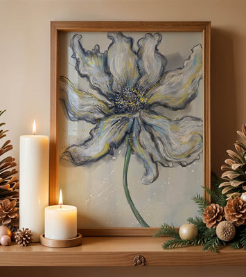 Elegant blue and green abstract floral artwork with flowing lines