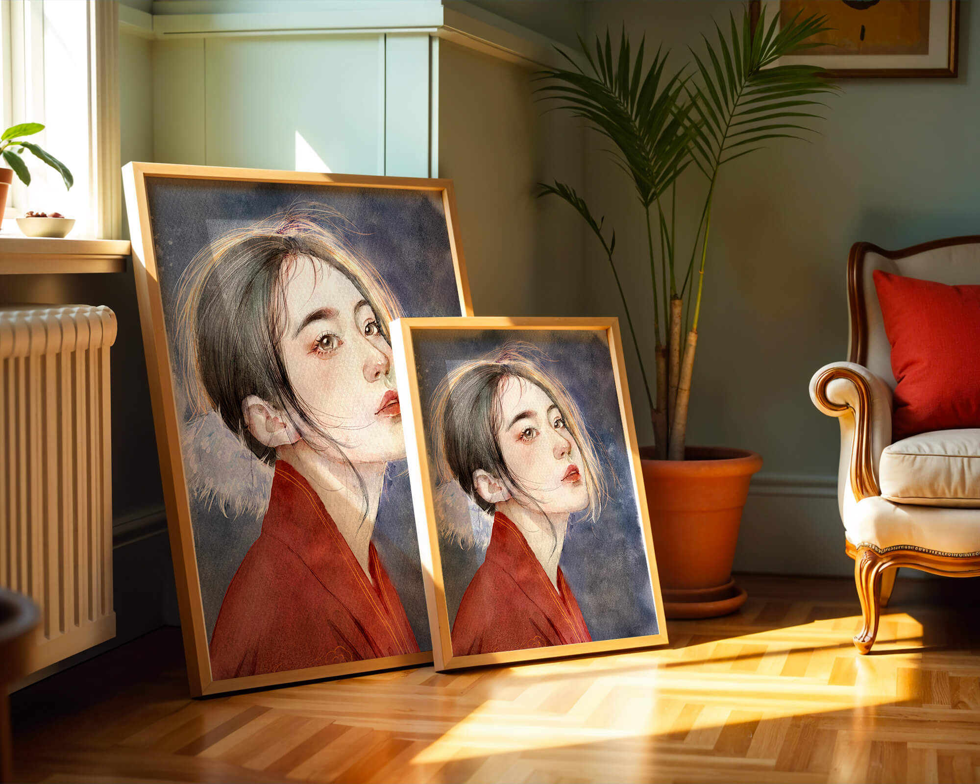 Watercolor portrait of a woman in a red garment with expressive features