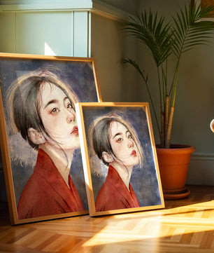 Watercolor portrait of a woman in a red garment with expressive features