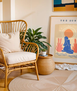 Modern abstract art poster featuring the sun and a serene figure in blue and coral tones - Mi tienda
