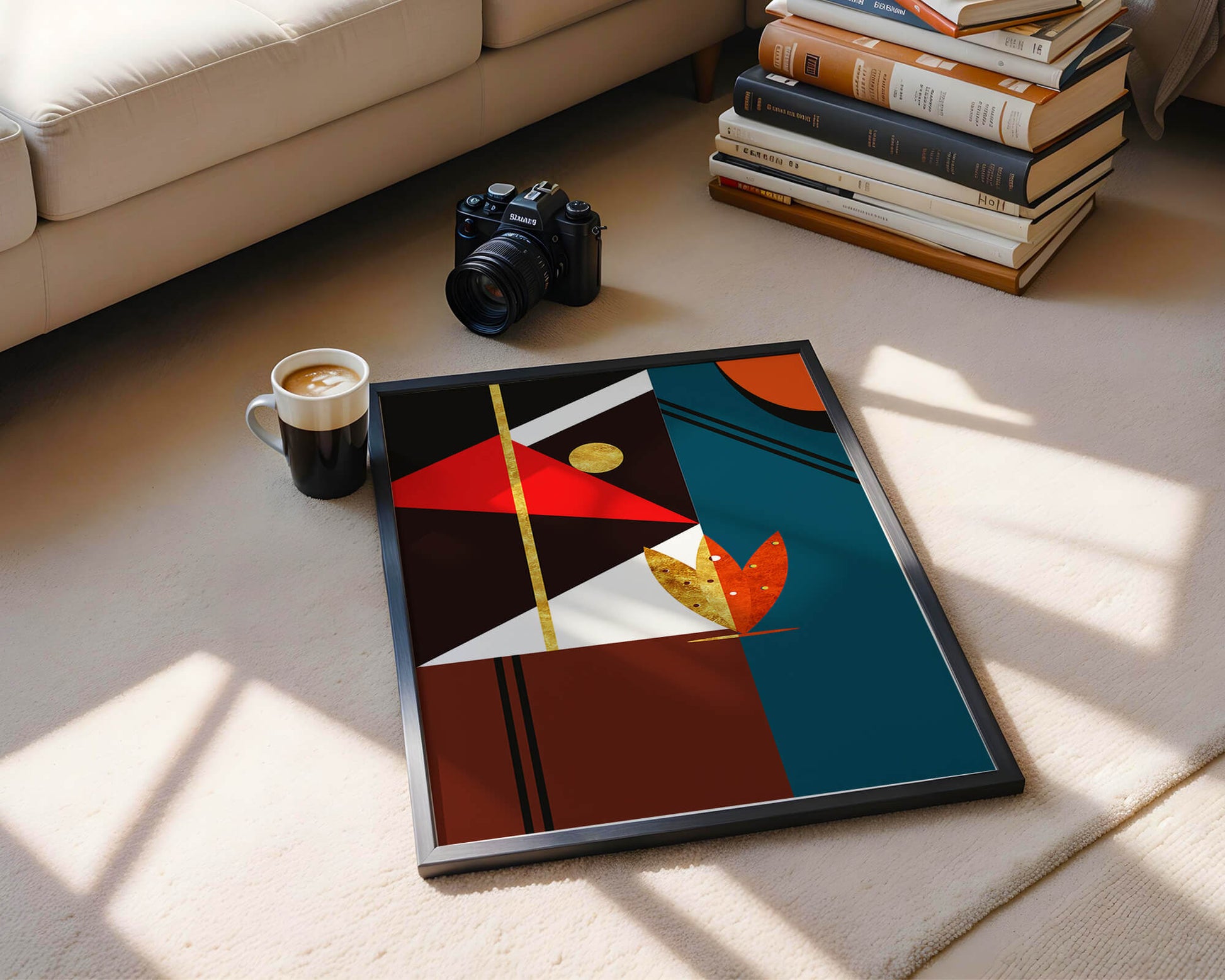 Geometrische abstrakte Kunst mit Gold und kräftigen Formen